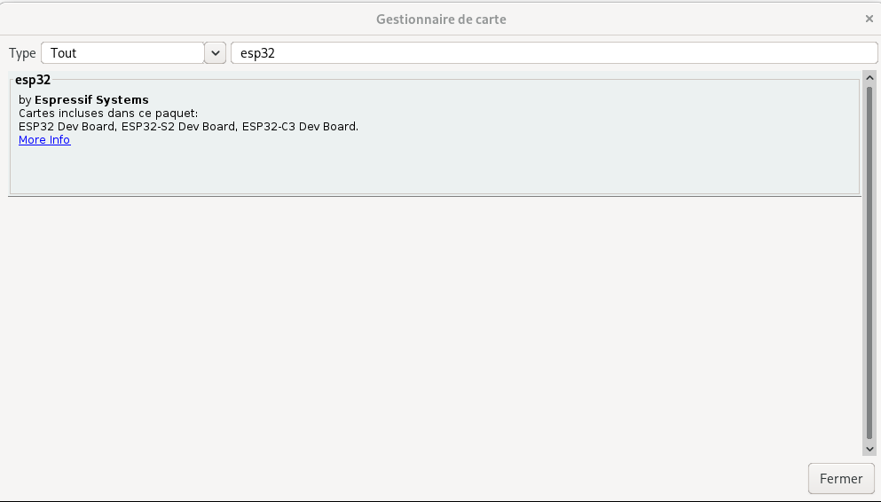 Recherche d'ESP32 dans le Gestionnaire de carte