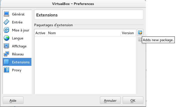 VirtualBox - Zoom sur le bouton ajouter dans les extensions