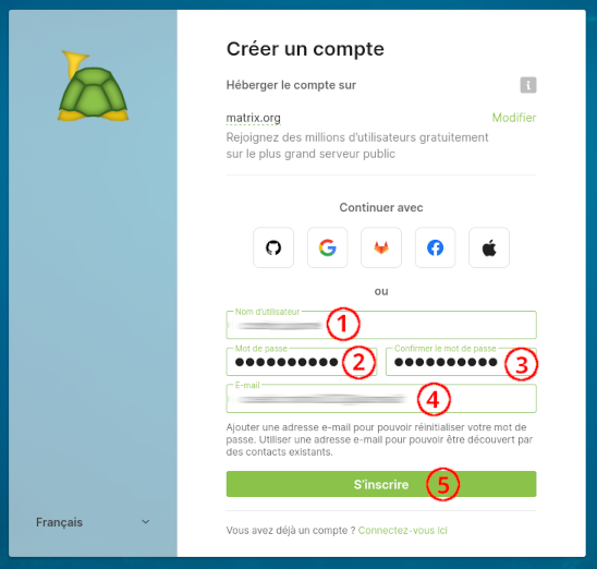 Écran de création de compte avec schildi.chat