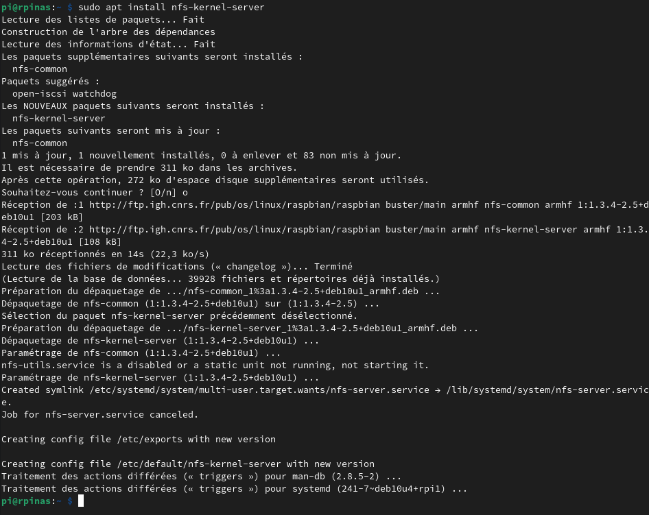 apt install nfs-kernel-server sous Raspbian 10