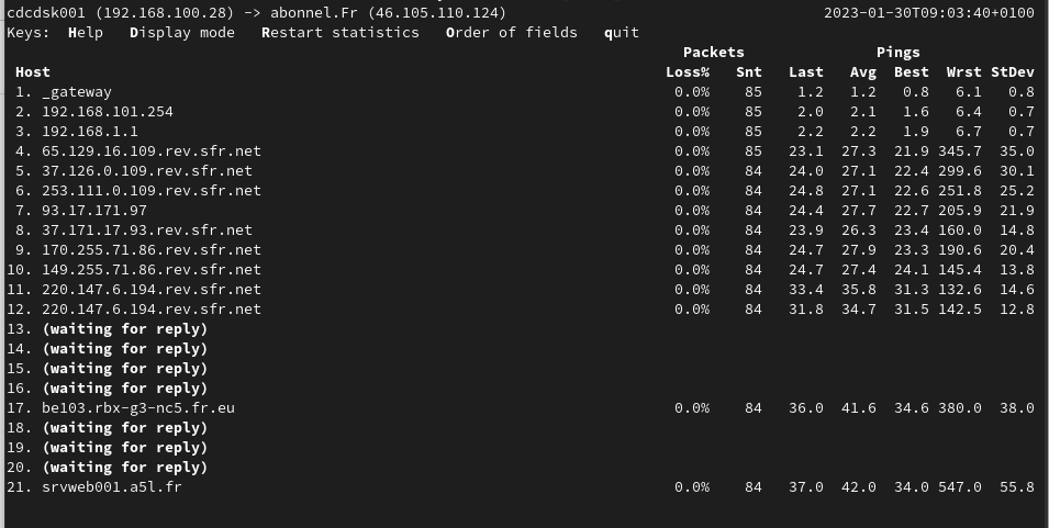 Exemple d'utilisation de mtr sous Linux Fedora