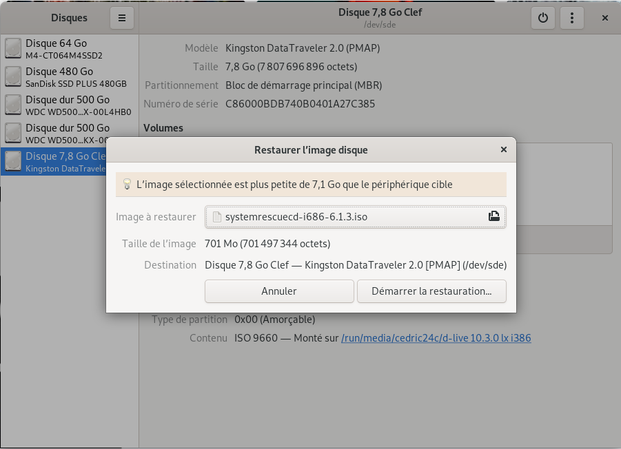 Gnome Disk restaure une image disque System Rescue CD 6.1.3