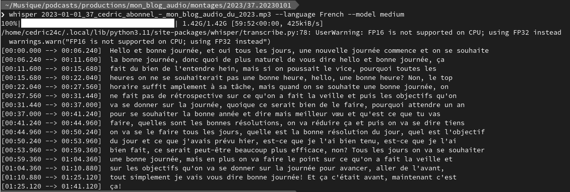 Exemple d’exécution du programme Whisper sous Fedora Linux