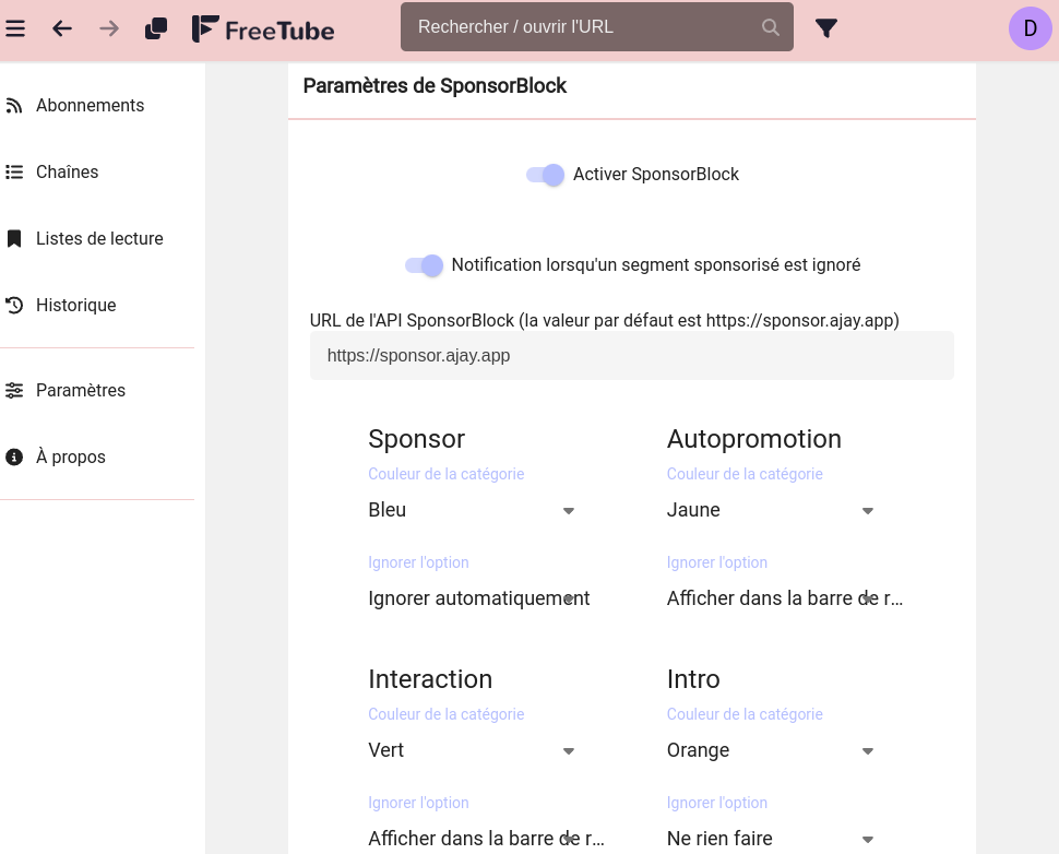 option de SponsorBlock dans FreeTube v.0.18.0