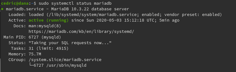 réponse à la commande sudo systemctl status mariadb