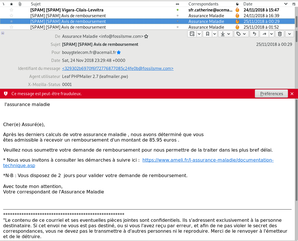 Capture du faux courriel annonçant un versement de l'Assurance Maladie