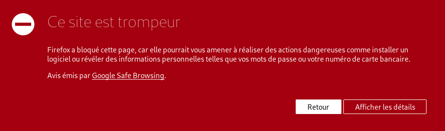 Page de blocage affichée par Firefox
