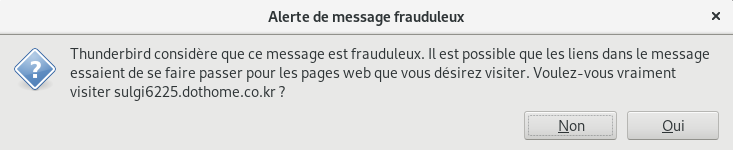 Avertissement de fraude affiché par Thunderbird